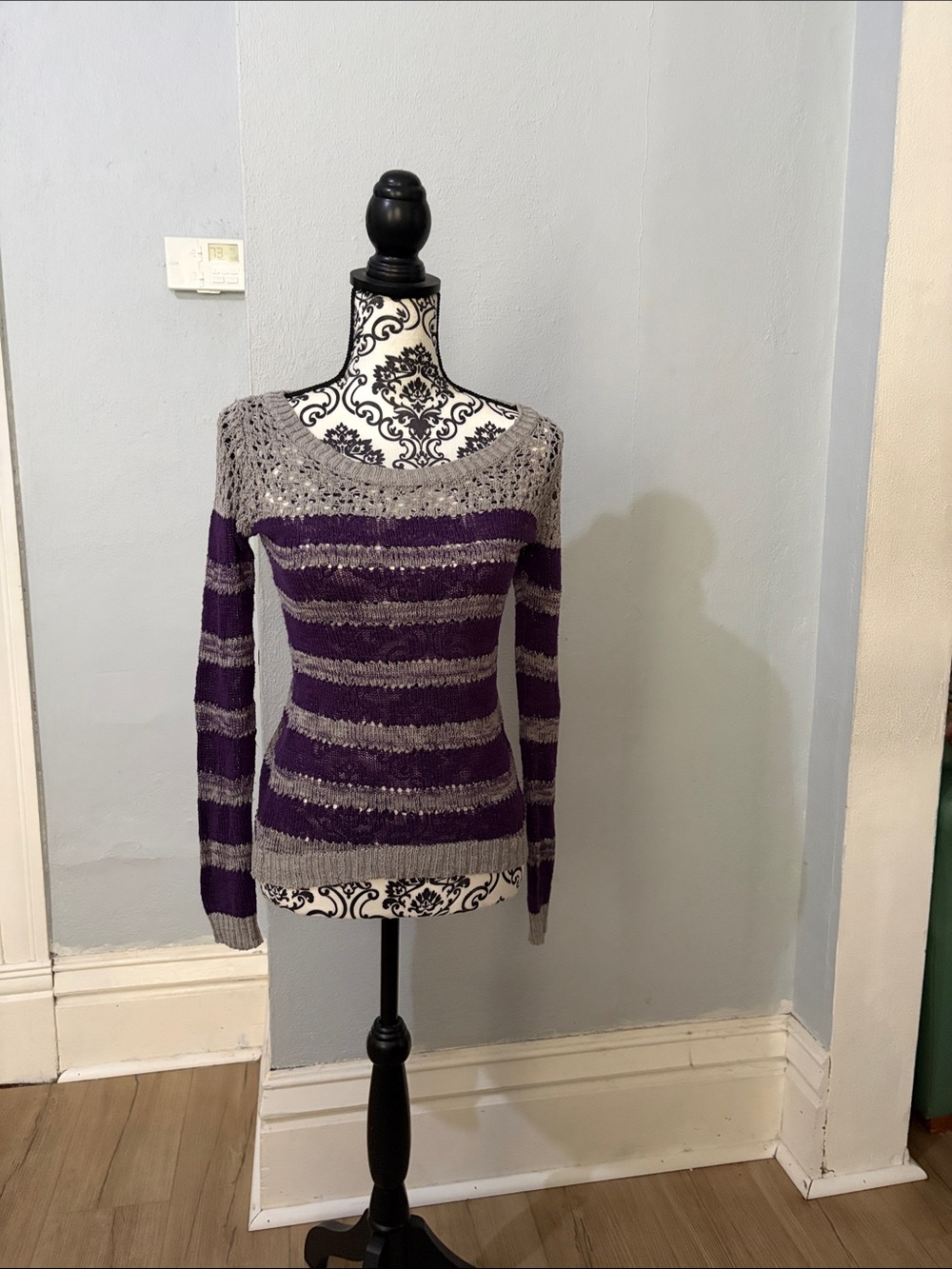 Maurices Purple and Gray Striped Crochet Yoke Sweater